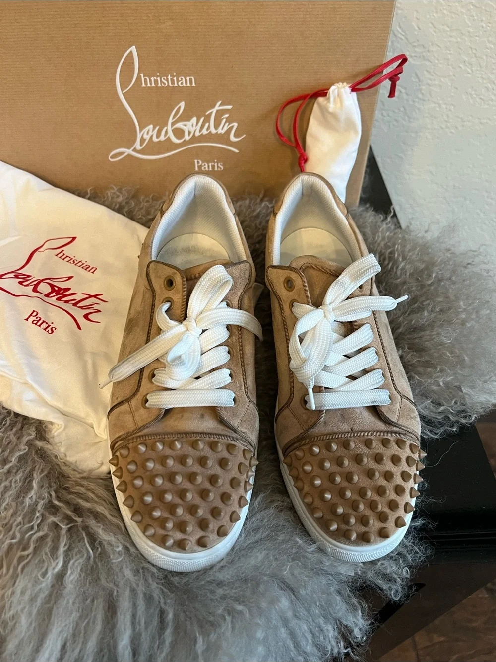 Christian Louboutin Brown Studded Lace-Up Sneakers with White Laces